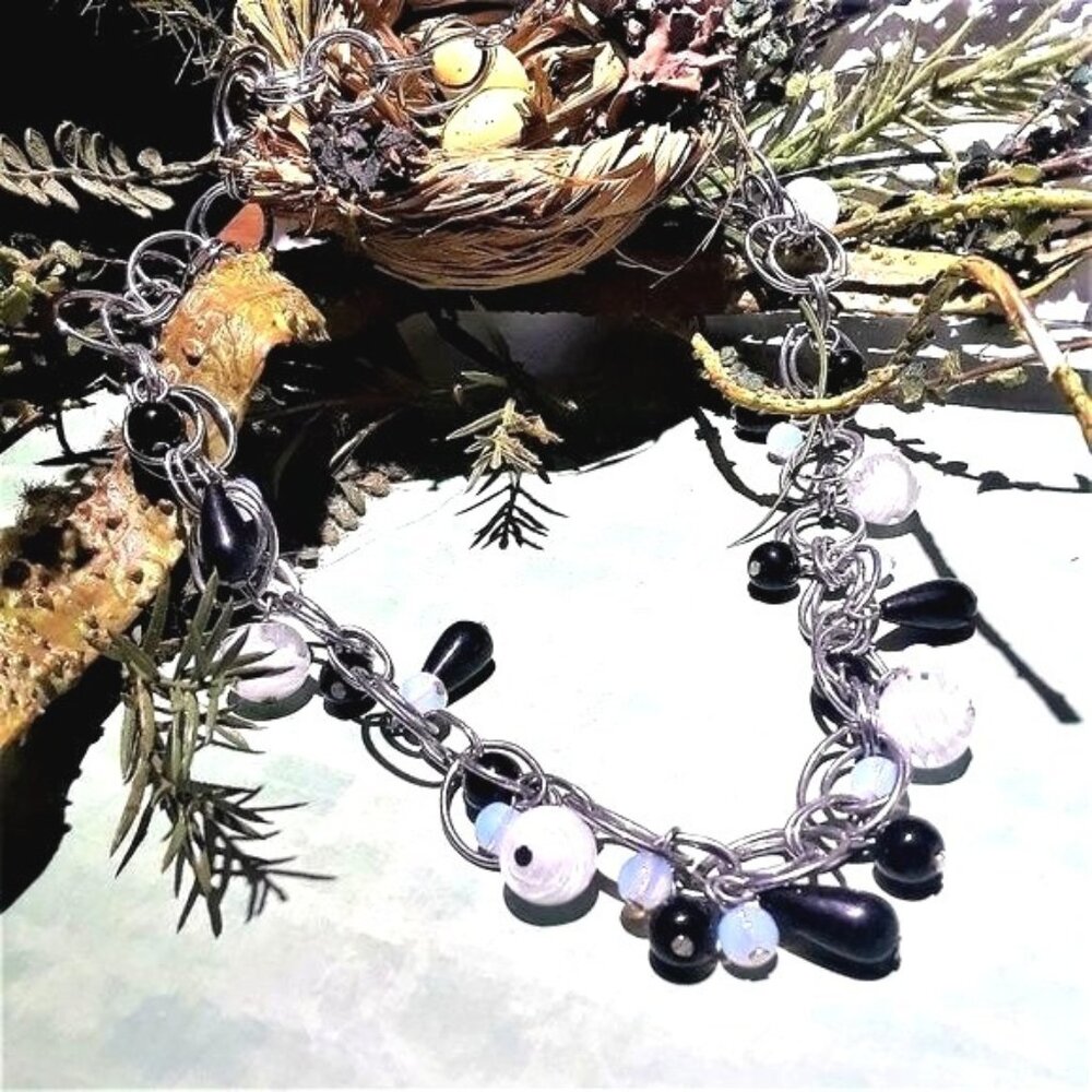 80's Retro Necklace Glass Bead Charms Silver tone Chain